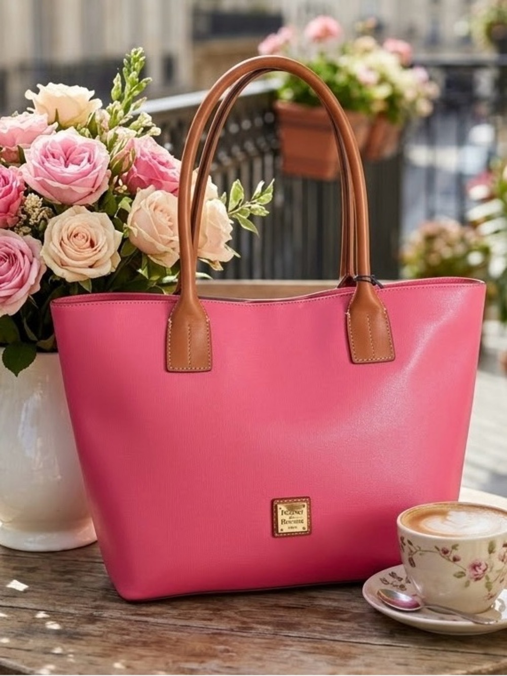 Dooney & Bourke Saffiano Leather Small Russel Tote Pink With Brown Trim